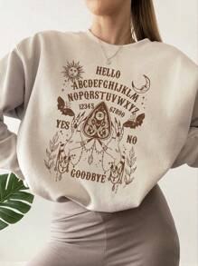SHEIN EZwear Round Neck Casual Sweatshirt With Text & Cartoon Print - Khaki - View 1