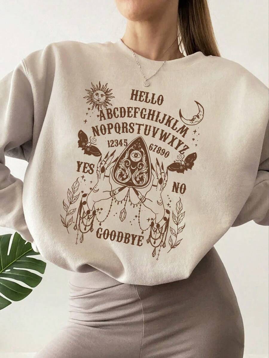 SHEIN EZwear Round Neck Casual Sweatshirt With Text & Cartoon Print - Khaki - View 1