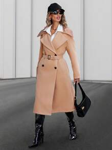 SHEIN Essnce 女式大翻領雙排扣束腰毛呢大衣 - 駝色 - 查看 5