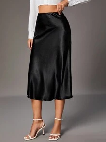 SHEIN Tall Cao eo Thanh lịch Xa ten Váy - màu đen - Xem 5