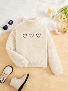 SHEIN Girls' Loose Fit College Heart Embroidery Half Turtle Neck Sweatshirt - Beige - View 1