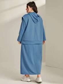 Mulvari 加大尺寸毛絨袋帽開衫和裙子2件套裝 - 藍色 - 查看 2