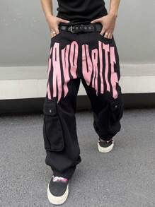 Manfinity Roghcode Men's Letter Graphic Wide Leg Cargo Jeans - Black - View 2