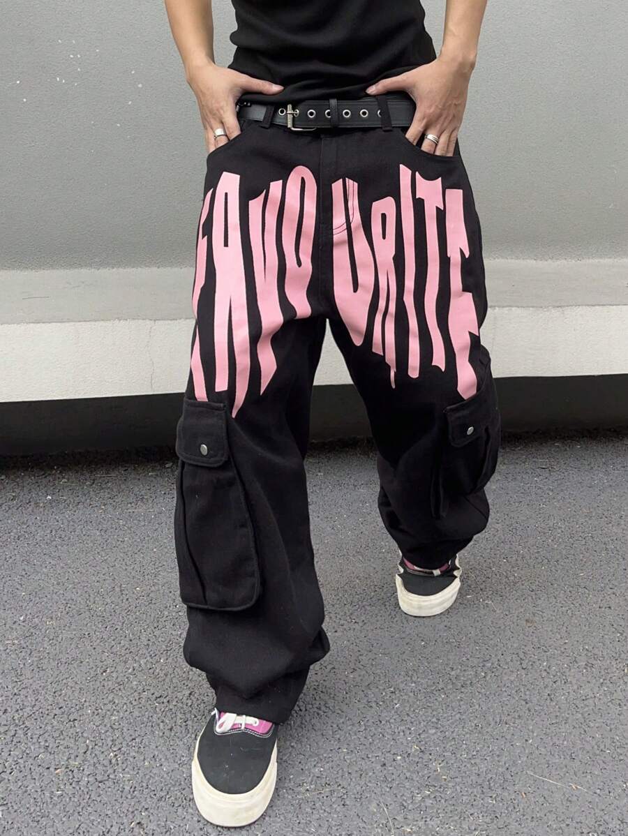 Manfinity Roghcode Men's Letter Graphic Wide Leg Cargo Jeans