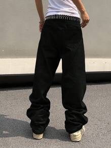 Manfinity EMRG Men's Jeans With Patch Decoration, Slanted Pockets, No Belt Included - Black - View 7