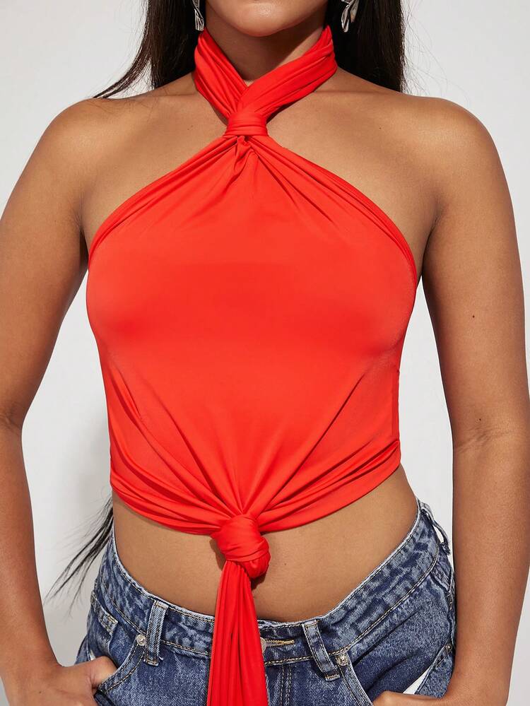 Solid Draped Knot Front Halter Top