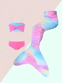 Young Girl' Bowknot Decorated Fish Scale Bikini Set With Fish Tail Beach Skirt Summer Beach - Pink - View 2
