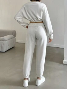 EURMUSE Solid Drop Shoulder Crop Sweatshirt & Sweatpants - White - View 2
