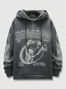 ROMWE MEN Grunge Punk 男士休閒骷髏字母印花連帽衫 - 深灰色 - 查看 1