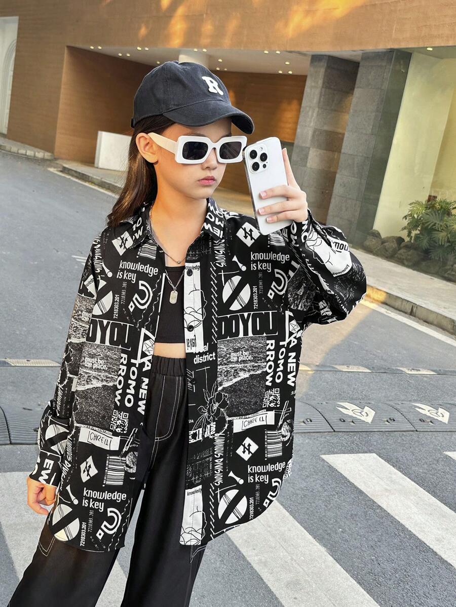 SHEIN 少女运动涂鸦不对称下摆编织宽松长袖衬衫 - 黑與白 - 查看 1
