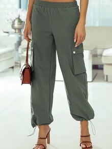 Astylish Solid Elastic Waist Ankle Drawstring Pocket Cargo Pants - Green - View 3