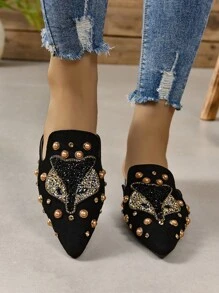2025 Autumn 2023 New Arrivals Women's Cute Rhinestone-Like Fox Animal Decor Fashionable Casual Flat Mules - Black - View 9
