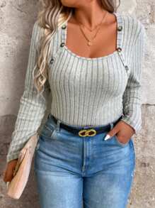 Plus Size Ribbed Knit Long Sleeve Bodysuit With Button Embellishment - Apricot - View 5