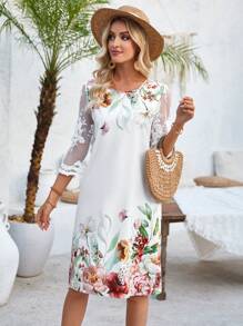 EMERY ROSE Flower Pattern Mesh Splicing Round Neck Dress - Multicolor - View 6