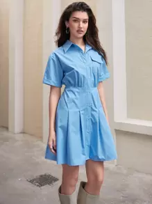 Anewsta 短袖襯衫連身裙 - 藍色 - 查看 4