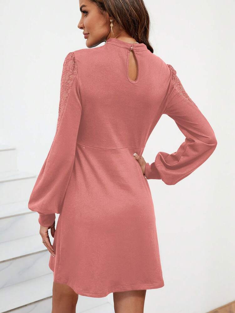 Stand Collar Lace Insert Lantern Sleeve Dress