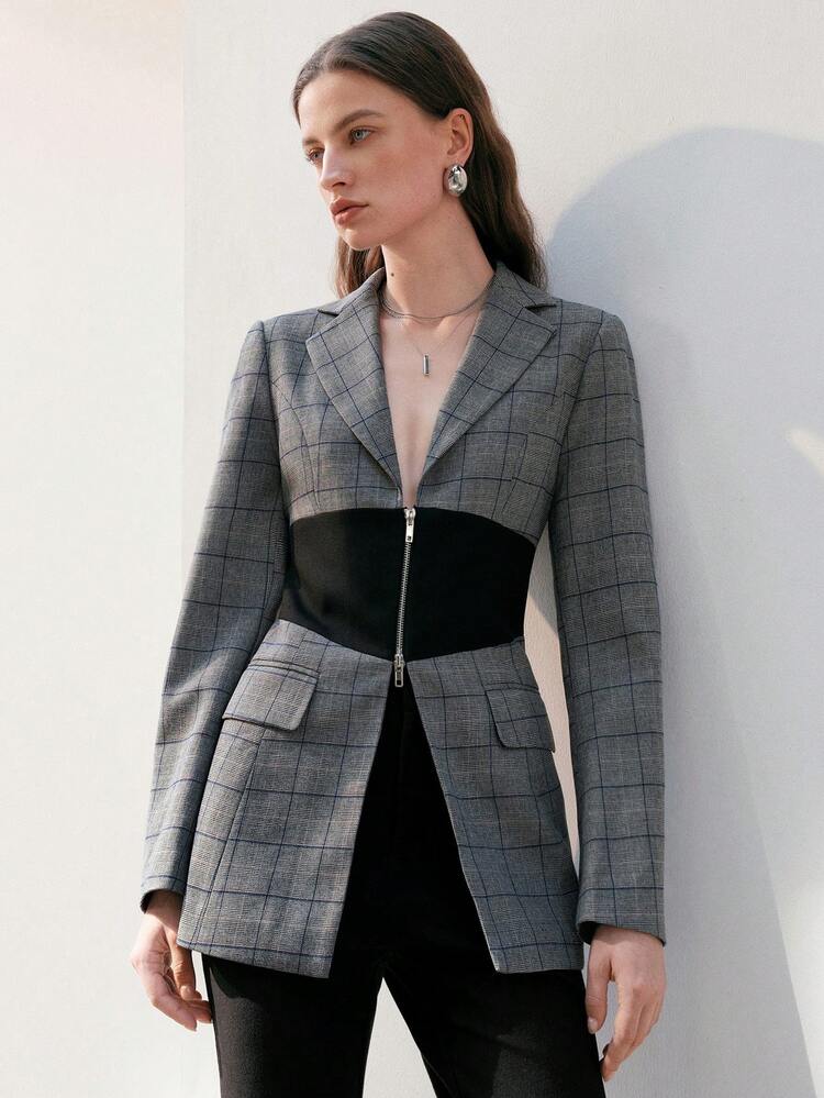 Veste De Costume À Carreaux Avec Col À Revers, Fermeture À Glissière