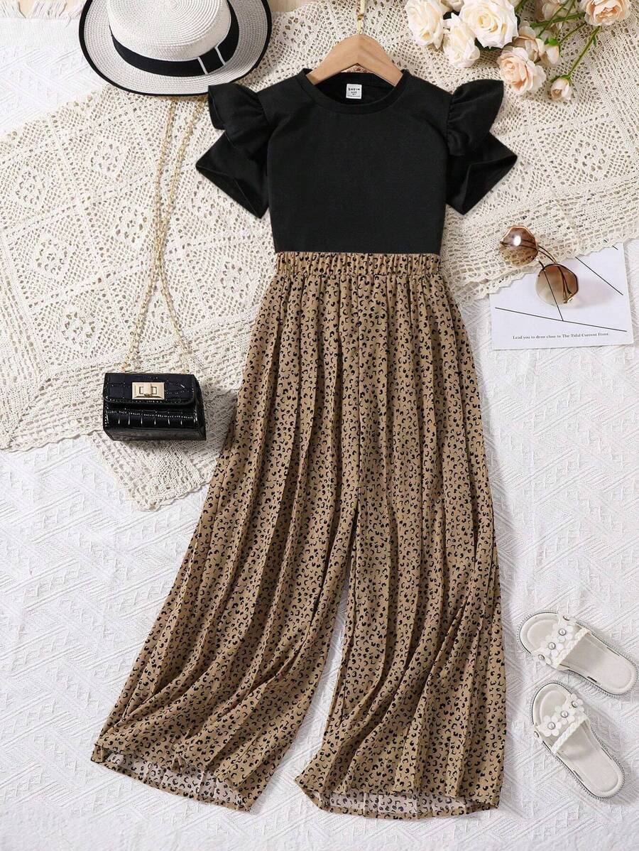 Teen Girls' Solid Color Top And Wide Leg Pants Two-Piece Set - Black - View 1