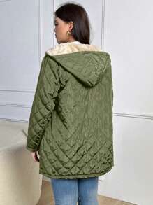 SHEIN LUNE 大码保暖内衬拉链前绗缝羽绒夹克 - 軍綠色 - 查看 2