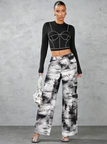 SHEIN BAE Men's Full-Print Newspaper Pattern Low Waist Cargo Pants With 3D Pockets - Black and White - View 1