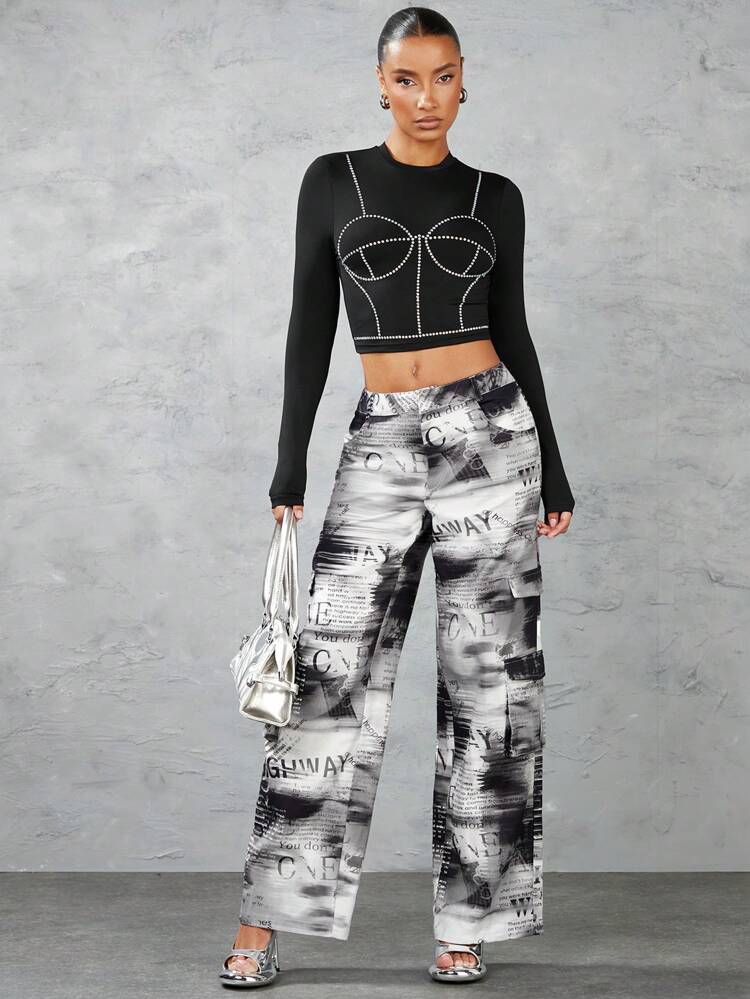 Men's Full-Print Newspaper Pattern Low Waist Cargo Pants With 3D Pockets