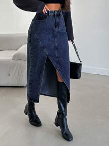 EURMUSE Women'S Denim Skirt With Split - Blue - View 5