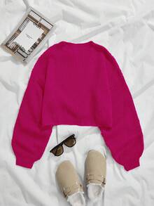 SHEIN Essnce Solid Color Long Sleeve Sweater - Hot Pink - View 4