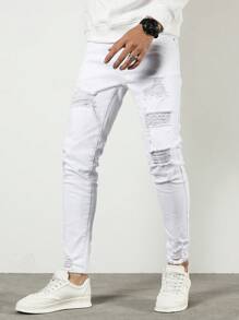Manfinity Homme Nam Cotton Rách Sờn Skinny Jeans Slim Fit Dài Jean Hàng Hóa Đồng Bằng Toàn Màu Trắng Đi Chơi Thời Phục Hưng Bạn Bè - trắng - Xem 5
