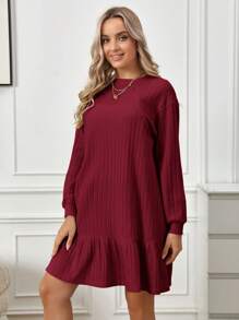 SHEIN Maternity Ribbed Dress With Ruffle Hem And Nursing Design - Red - View 4