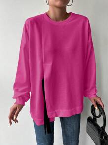 Cottnline Knot Front Drop Shoulder Asymmetrical Hem Sweatshirt - Pink - View 5
