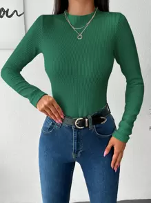 SHEIN Cottnline Solid Color Long Sleeve T-Shirt ,Petite Women - Green - View 3