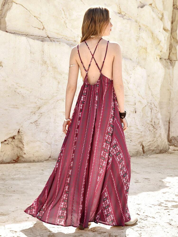 Ladies' Printed Backless Dress Boho Women Clothing