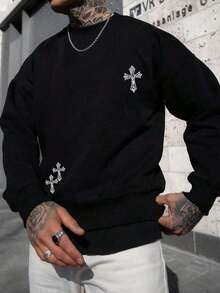 Manfinity Homme Men's Loose Fit Cross Print Round Neck Sweatshirt - Black - View 3