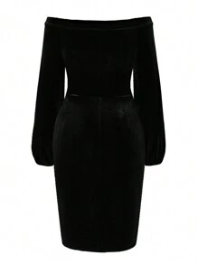 SHEIN LUNE Plus Size Solid Color Off-Shoulder Lantern Sleeve Dress - Black - View 2