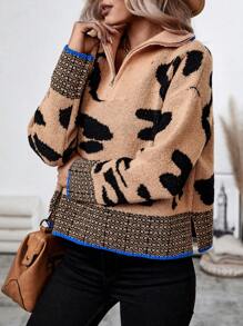 SHEIN LUNE Women's Leopard Print Half Zipper Sweater - Multicolor - View 6