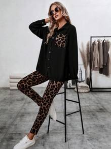 SHEIN LUNE Women's Button-up Shirt With Pockets And Leopard Printed Pants 2pcs Set - Multicolor - View 1