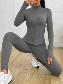 SHEIN EZwear Women's Plain Zip Front Bodycon Two Piece Set - Grey - View 6