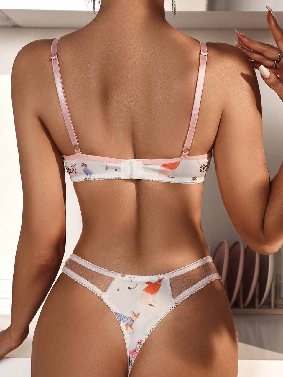 Women's Cat Print Mesh Splice See-Through Sexy Lingerie