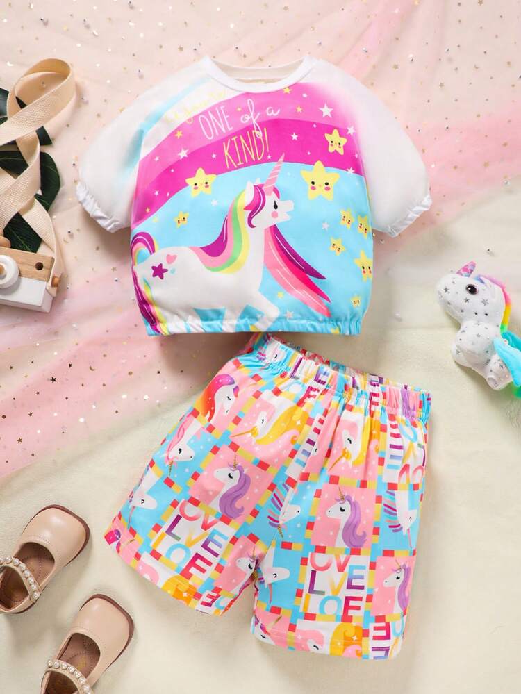 2pcs/Set Toddler Girls' Adorable Unicorn Print Round Neck Short Sleeve T-Shirt And Digital Printed Shorts Casual Outfits For Spring/Summer