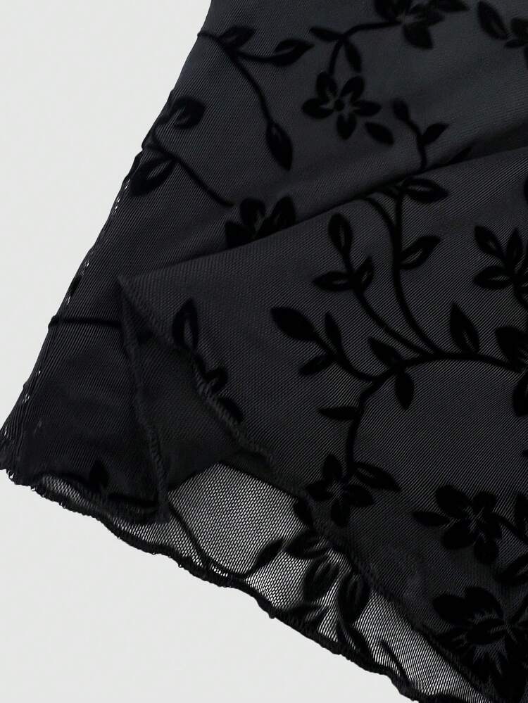 2pcs/Set Floral Embroidery Mesh Top With Lettuce Trim Fall Cloth For Women