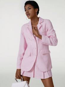 VICTOR VON SCHWARZ Designer Business Casual Lapel Neck Flap Detail Tweed Blazer, Fall, For Autumn & Winter, Holiday, Going Out, Office - Pink - View 5