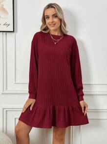 SHEIN Maternity Ribbed Dress With Ruffle Hem And Nursing Design - Red - View 6