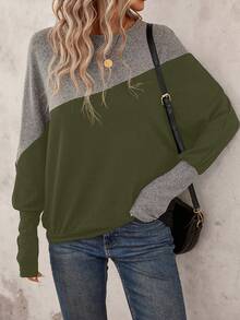 SHEIN LUNE Tương phản Màu sắc tay cánh Giải trí Áo nỉ - xanh quân đội - Xem 4