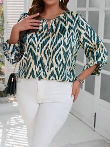 SHEIN LUNE Plus Size Women'S Lock Hole Collar Printed Shirt - Green - View 5