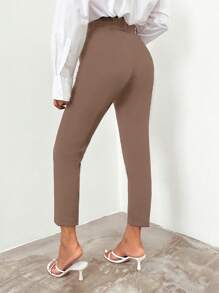 SHEIN Cottnline Solid Color Belted Dress Pants - Camel - View 2