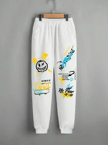 SHEIN Boys' Cartoon Patterned Joggers With Elastic Cuffs - White - View 1
