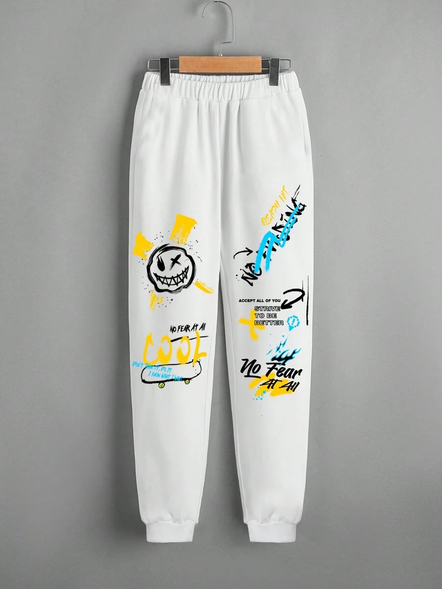 SHEIN Boys' Cartoon Patterned Joggers With Elastic Cuffs - White - View 1