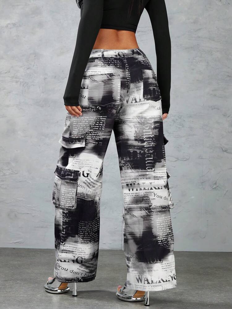 Men's Full-Print Newspaper Pattern Low Waist Cargo Pants With 3D Pockets