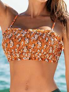 SHEIN Swim 夏季女士花卉印花吊带比基尼套装 - 橘色 - 查看 3