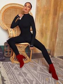 Glamaker Mock Neck Letter Graphic Unitard Jumpsuit Without Bag